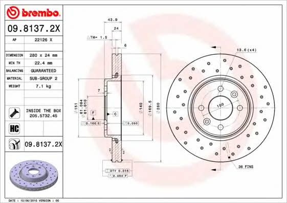 Ventilated brake disc with perforation Brembo 09.8137.2X
