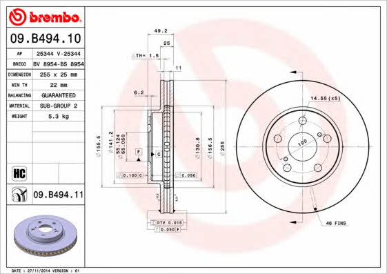 Brembo 09.B494.10 Ventilated disc brake, 1 pcs. 09B49410