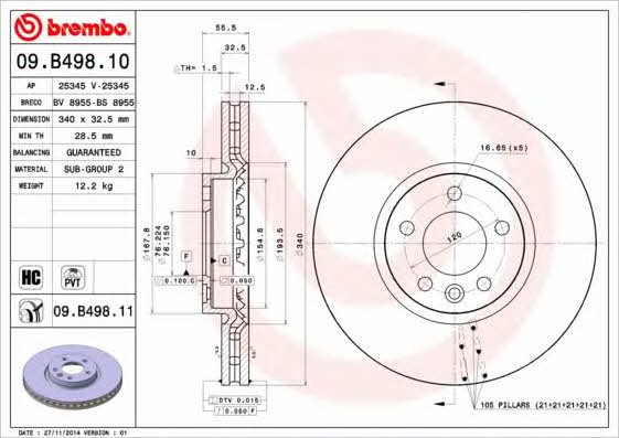 Ventilated disc brake, 1 pcs. Brembo 09.B498.10