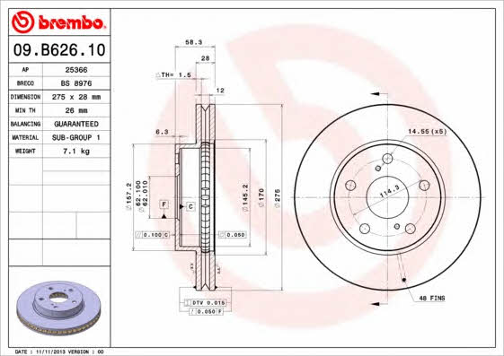 Ventilated disc brake, 1 pcs. Brembo 09.B626.10