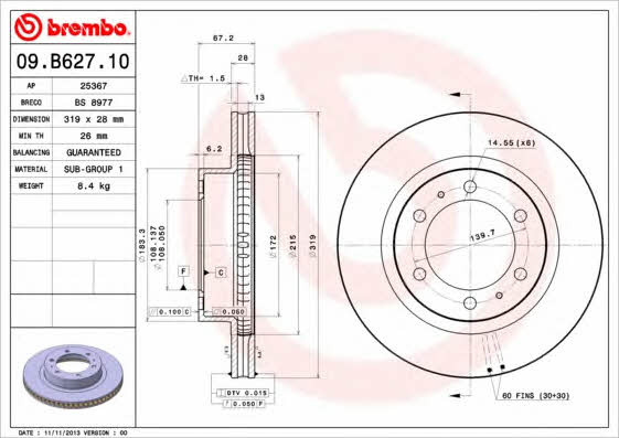 Vented brake disc, 1 pc Brembo 09.B627.10