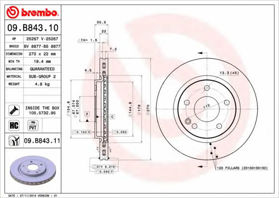 Brembo 09.B843.10 Front brake disc ventilated 09B84310