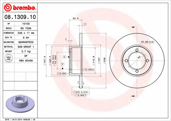 Unventilated front brake disc Brembo 08.1309.10