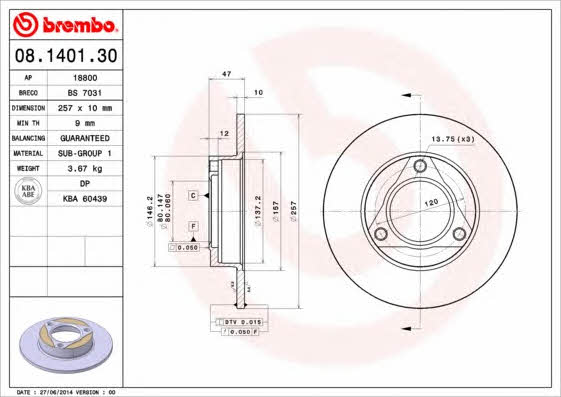 Unventilated front brake disc Brembo 08.1401.30