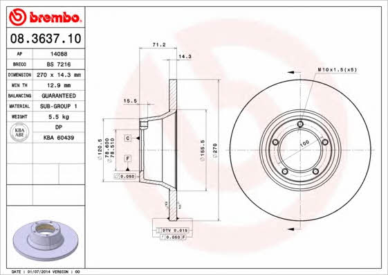 Unventilated front brake disc Brembo 08.3637.10