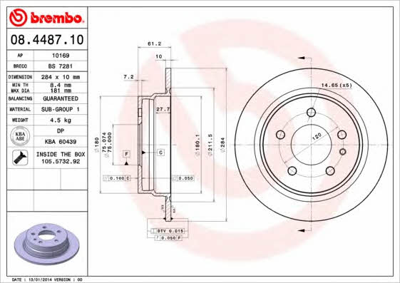 Rear brake disc, non-ventilated Brembo 08.4487.10