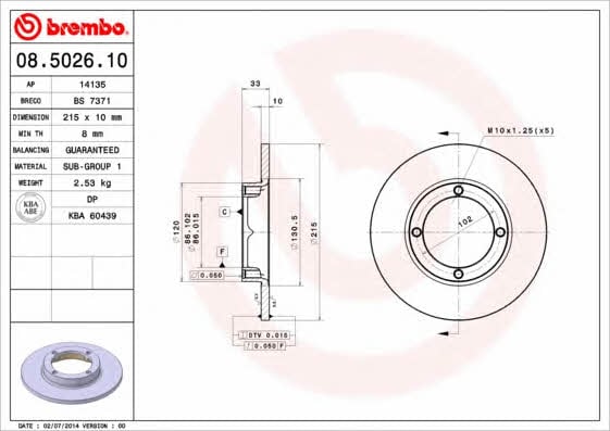 Unventilated front brake disc Brembo 08.5026.10