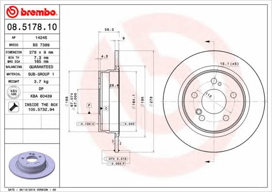 Rear solid brake disc Brembo 08.5178.10
