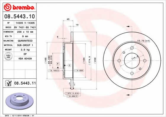 Rear brake disc, non-ventilated Brembo 08.5443.10