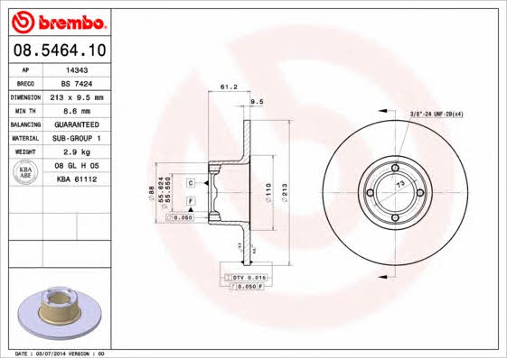 Unventilated front brake disc Brembo 08.5464.10