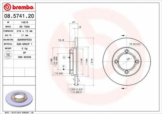 Unventilated front brake disc Brembo 08.5741.20