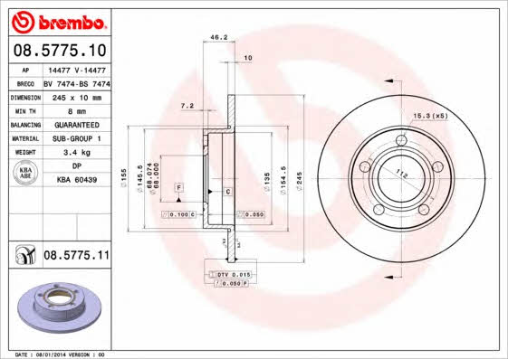 Brembo 08.5775.10 Rear brake disc, non-ventilated 08577510