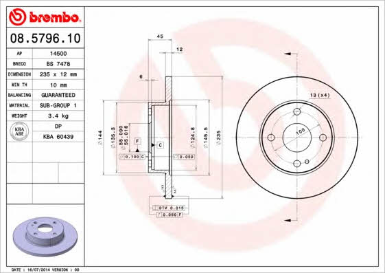 Unventilated front brake disc Brembo 08.5796.10