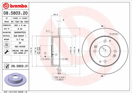 Brembo 08.5803.20 Rear brake disc, non-ventilated 08580320