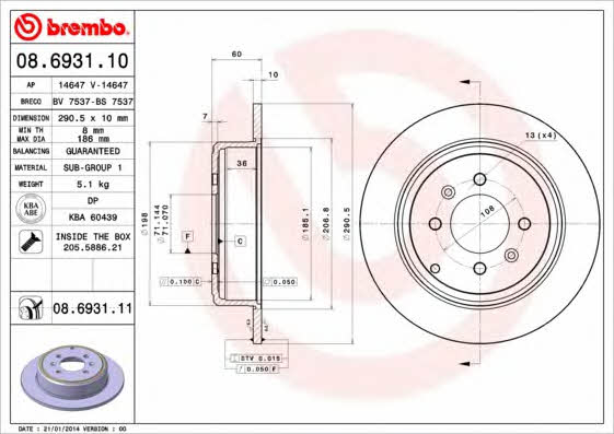 Brembo 08.6931.10 Rear brake disc, non-ventilated 08693110