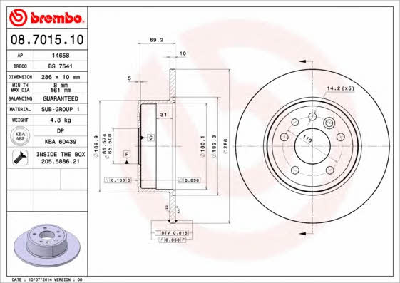 Rear solid brake disc Brembo 08.7015.10