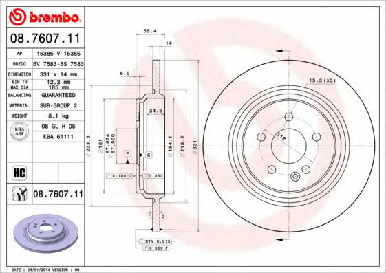 Rear solid brake disc Brembo 08.7607.11
