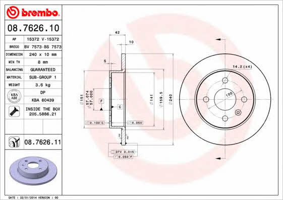 Brembo 08.7626.10 Rear brake disc, non-ventilated 08762610