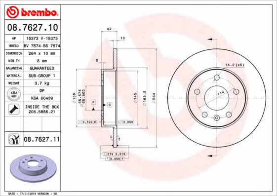 Brembo 08.7627.10 Rear brake disc, non-ventilated 08762710