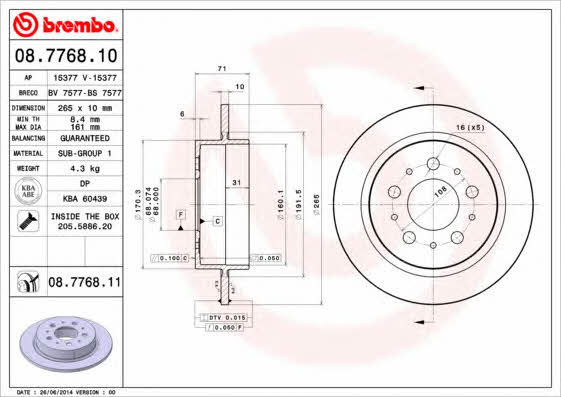 Rear brake disc, non-ventilated Brembo 08.7768.10