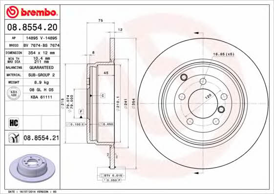 Rear brake disc, non-ventilated Brembo 08.8554.20