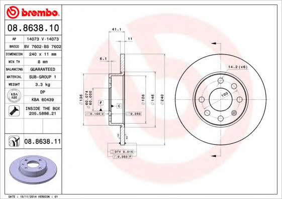 Unventilated front brake disc Brembo 08.8638.10