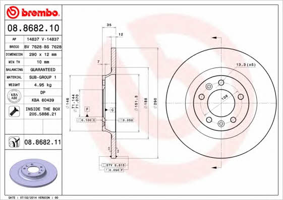 Rear brake disc, non-ventilated Brembo 08.8682.11