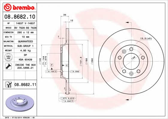 Rear solid brake disc Brembo 08.8682.11
