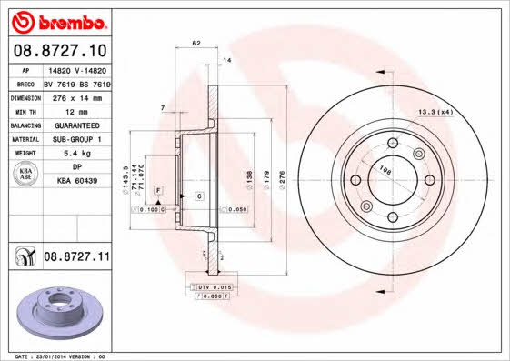 Rear solid brake disc Brembo 08.8727.11