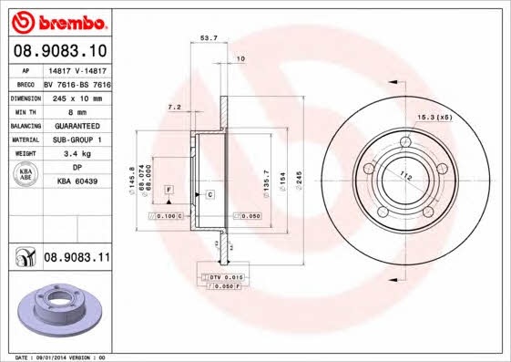 Brembo 08.9083.10 Rear brake disc, non-ventilated 08908310