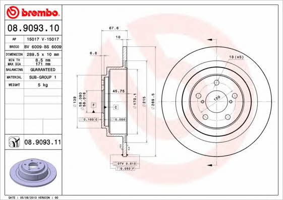 Brembo 08.9093.10 Rear brake disc, non-ventilated 08909310