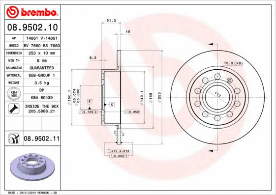Brembo 08.9502.10 Rear brake disc, non-ventilated 08950210