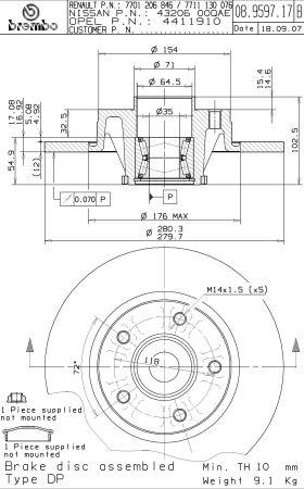 Rear brake disc, non-ventilated Brembo 08.9597.17