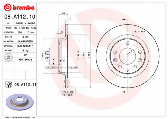 Rear brake disc, non-ventilated Brembo 08.A112.10