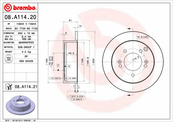 Rear solid brake disc Brembo 08.A114.21