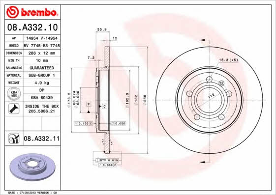 Rear solid brake disc Brembo 08.A332.11
