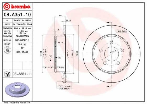 Rear solid brake disc Brembo 08.A351.11