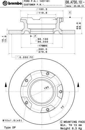 Rear solid brake disc Brembo 08.A730.10