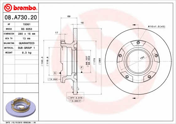 Rear brake disc, non-ventilated Brembo 08.A730.20