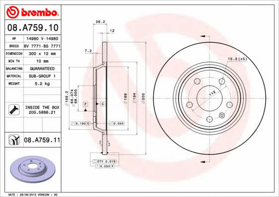 Brembo 08.A759.10 Rear brake disc, non-ventilated 08A75910