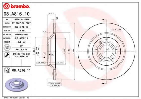 Brembo 08.A816.10 Rear brake disc, non-ventilated 08A81610