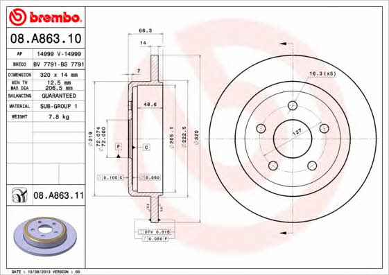 Rear solid brake disc Brembo 08.A863.11