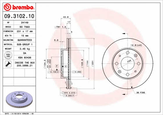 Vented brake disc, 1 pc Brembo 09.3102.10