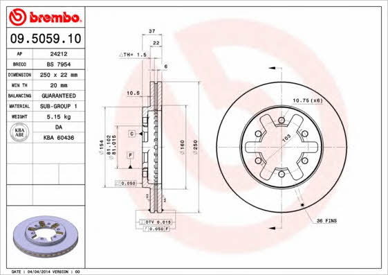 Front brake disc ventilated Brembo 09.5059.10