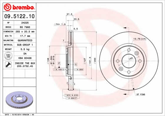 Brembo 09.5122.10 Front brake disc ventilated 09512210