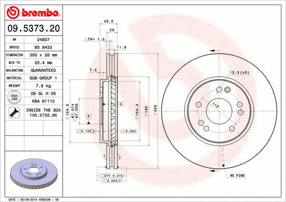 Ventilated disc brake, 1 pcs. Brembo 09.5373.20