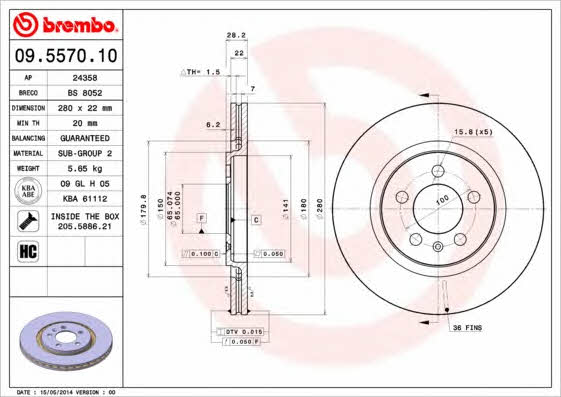 Ventilated disc brake, 1 pcs. Brembo 09.5570.10