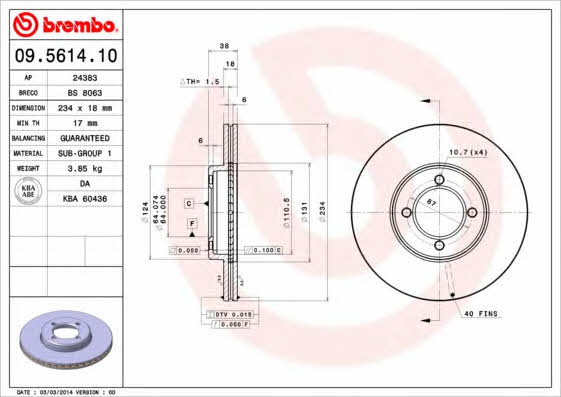 Ventilated disc brake, 1 pcs. Brembo 09.5614.10