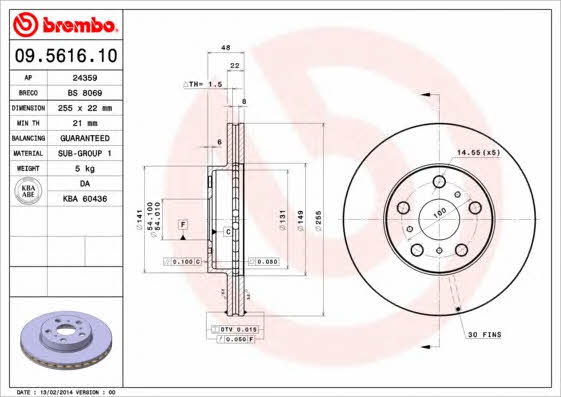 Ventilated disc brake, 1 pcs. Brembo 09.5616.10