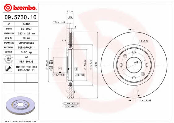 Vented brake disc, 1 pc Brembo 09.5730.10